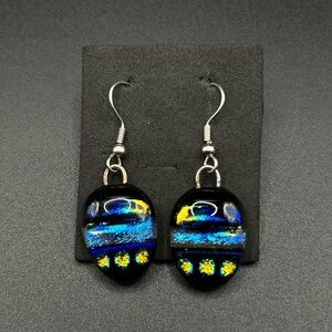 Handcrafted oval dichroic glass dangle earrings hook beautiful sparkle